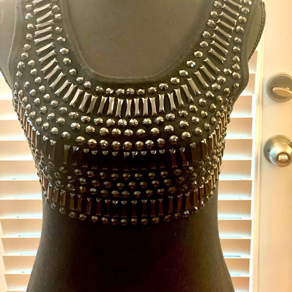 Bebe Black Studded Beaded Bodycon Mini Dress Open Back Bow Detail Sleeveless - Picture 4 of 10